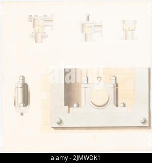 Michel Alfred (1843-1913), dessins techniques détaillés sur les raccords à vis (env 1864-1868) : vue Rising, vue détaillée, 3 coupes détaillées des raccords à vis. Encre et crayon aquarelle sur la boîte, 47,5 x 47,1 cm (y compris les bords de numérisation) Michel Alfred (1843-1913): Technische Detailzeichnungen zu Schraubverbindungen Banque D'Images