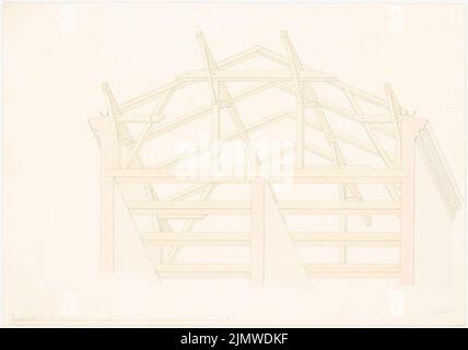 Michel Alfred (1843-1913), dessin de construction: Position de la poutre de toit (07,1865): Dessin de perspective avec coupe transversale et sous la structure de toit avec position de la poutre, barre d'échelle. Encre et crayon aquarelle sur la boîte, 43,3 x 61,8 cm (y compris les bords de balayage) Michel Alfred (1843-1913): Bautechniche Zeichnung: Dachbalkenlage Banque D'Images