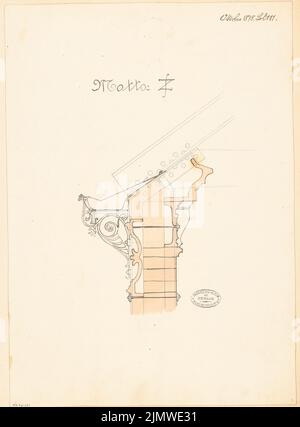 Architecte inconnu, Staorsbahn station Stadtbahn à Berlin. Compétition mensuelle octobre 1878 (10,1878): Coupe verticale à travers les avant-bras. Tuche aquarelle sur la boîte, complétée par un crayon, 51,9 x 38,2 cm (y compris les bords de numérisation) N. : Bahnhof Börse der Stadtbahn, Berlin. Monatskonkurrenz Oktober 1878 Banque D'Images