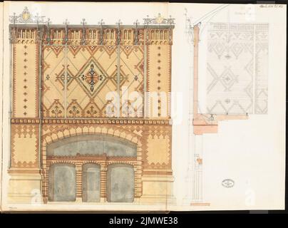 Architecte inconnu, Staorsbahn station Stadtbahn à Berlin. Compétition mensuelle octobre 1878 (10,1878) : vue latérale du RISS, coupe transversale partielle ; barre d'échelle. Encre et crayon aquarelle sur papier, 59,6 x 80,2 cm (y compris les bords de numérisation) N. : Bahnhof Börse der Stadtbahn, Berlin. Monatskonkurrenz Oktober 1878 Banque D'Images