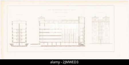 Oberbau deputation, prison de Halle/Saale (1836-1836): Maison de prison: Section transversale, section longitudinale, vue latérale (de: Construction de l'État prussien, vol. 2, BL. 53). Couture sur papier, 27,7 x 59,6 cm (y compris les bords de numérisation) Oberbaudeputation : Gefängnis, Halle/Saale. (AUS: Bauausführungen des preußischen Staats, BD 2) Banque D'Images