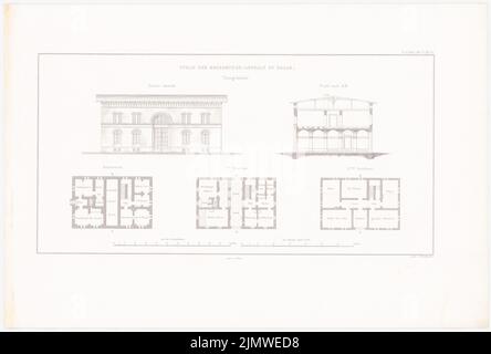 Oberbau deputation, prison de Halle/Saale (1836-1836): Bâtiment de la porte: Vue principale, vue transversale, plans d'étage (de: Construction de l'État prussien, vol. 2, BL. 47). Couture sur papier, 35,7 x 52,8 cm (y compris les bords de numérisation) Oberbaudeputation : Gefängnis, Halle/Saale. (AUS: Bauausführungen des preußischen Staats, BD 2) Banque D'Images