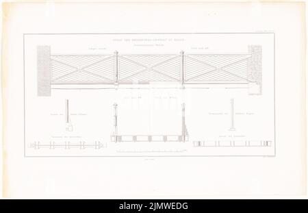 Oberbau deputation, prison de Halle/Saale (1836-1836): Ponts: Vue longitudinale, section transversale, détails (de: Construction de l'État prussien, vol. 2, BL. 51). Couture sur papier, 35,2 x 54,5 cm (y compris les bords de numérisation) Oberbaudeputation : Gefängnis, Halle/Saale. (AUS: Bauausführungen des preußischen Staats, BD 2) Banque D'Images