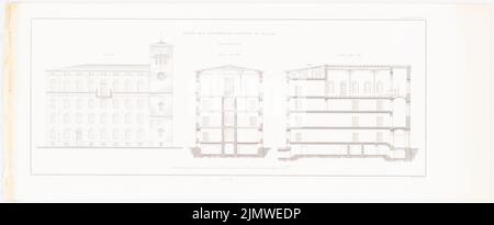 Oberbau deputation, prison de Halle/Saale (1836-1836): Bâtiment principal: Vue latérale, section transversale et longitudinale (de: Construction de l'État prussien, vol. 2, BL. 49). Couture sur papier, 27,8 x 67,8 cm (y compris les bords de numérisation) Oberbaudeputation : Gefängnis, Halle/Saale. (AUS: Bauausführungen des preußischen Staats, BD 2) Banque D'Images