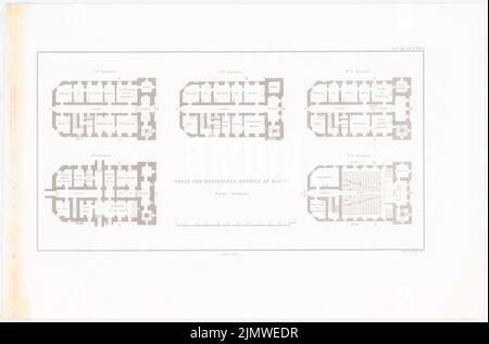 Oberbau deputation, prison de Halle/Saale (1836-1836): Bâtiment principal: Plans d'étage (de: Construction de l'État prussien, vol. 2, BL. 48). Couture sur papier, 35,4 x 53,5 cm (y compris les bords de numérisation) Oberbaudeputation : Gefängnis, Halle/Saale. (AUS: Bauausführungen des preußischen Staats, BD 2) Banque D'Images