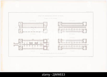 Oberbau deputation, prison de Halle/Saale (1836-1836): Maison de prisonnier: Plans d'étage (de: Construction de l'État prussien, vol. 2, BL. 52). Couture sur papier, 35,5 x 52,9 cm (y compris les bords de numérisation) Oberbaudeputation : Gefängnis, Halle/Saale. (AUS: Bauausführungen des preußischen Staats, BD 2) Banque D'Images