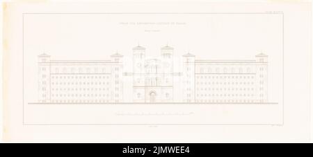 Oberbau deputation, prison de Halle/Saale (1836-1836): Vue principale depuis la piste, (de: Construction de l'État prussien, vol. 2, CH. 46). Couture sur papier, 27,6 x 60,1 cm (y compris les bords de numérisation) Oberbaudeputation : Gefängnis, Halle/Saale. (AUS: Bauausführungen des preußischen Staats, BD 2) Banque D'Images