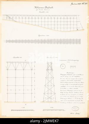 Architecte inconnu, viaduc en bois. Compétition mensuelle janvier 1879 (01,1879): Plan d'étage, vue latérale verticale 1: 250, section longitudinale, section transversale 1: 100, détails; 2 bandes d'échelle, texte explicatif. Tuche aquarelle sur la boîte, 58,7 x 44,2 cm (y compris les bords de numérisation) N.N. : Hölzerner Viadukt. Monatskonkurrenz Januar 1879 Banque D'Images