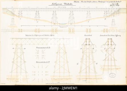 Architecte inconnu, viaduc en bois. Compétition mensuelle janvier 1879 (01,1879): Plan d'étage, vue latérale verticale 1: 250, section longitudinale, 2 coupes transversales, 2 coupes horizontales 1: 100; 2 bandes d'échelle. Tuser et crayon aquarelle sur la boîte, 44,9 x 66,6 cm (y compris les bords de numérisation) N.N. : Hölzerner Viadukt. Monatskonkurrenz Januar 1879 Banque D'Images