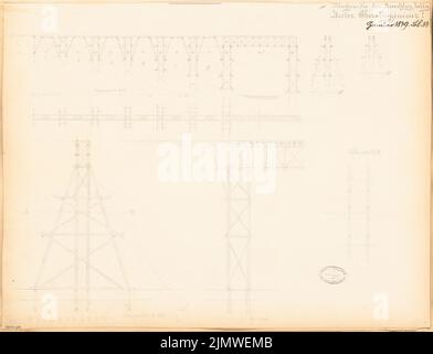 Architecte inconnu, viaduc en bois. Compétition mensuelle janvier 1879 (01,1879): Plan d'étage, vue latérale verticale 1: 250, section longitudinale (encolure), 4 coupes transversales 1: 100; 2 bandes d'échelle. Crayon sur carton, 44,7 x 58,3 cm (y compris les bords de numérisation) N. : Hölzerner Viadukt. Monatskonkurrenz Januar 1879 Banque D'Images
