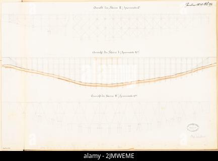 Architecte inconnu, viaduc en bois. Compétition mensuelle janvier 1879 (01,1879): 3 variantes: Vue du dessus 1: 250; 2 bandes d'échelle. Aquarelle crayon sur la boîte, 45 x 65 cm (y compris les bords de numérisation) N. : Hölzerner Viadukt. Monatskonkurrenz Januar 1879 Banque D'Images