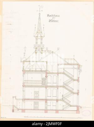 Architecte inconnu, hôtel de ville de Calau. Compétition mensuelle Mars 1879 (03,1879): Coupe transversale; barre d'échelle. Tuche aquarelle sur la boîte, 47,9 x 37,1 cm (y compris les bords de numérisation) N.N. : Rathaus, Calau. Monatskonkurrenz März 1879 Banque D'Images