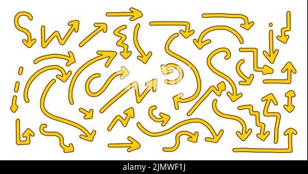 Ensemble vectoriel de flèches de style Doodle isolées sur fond blanc. Illustration vectorielle représentant des flèches tracées à la main. Banque D'Images