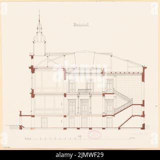 Architecte inconnu, hôtel de ville de Calau. Compétition mensuelle Mars 1879 (03,1879): Coupe transversale; barre d'échelle. Tuche aquarelle sur la boîte, 40 x 42,6 cm (y compris les bords de numérisation) N.N. : Rathaus, Calau. Monatskonkurrenz März 1879 Banque D'Images