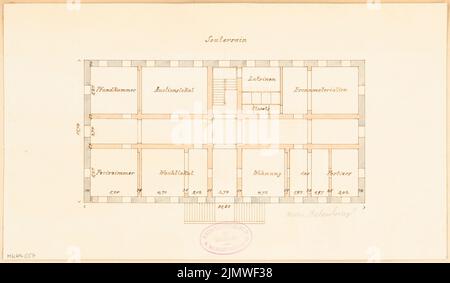 Architecte inconnu, hôtel de ville de Calau. Compétition mensuelle Mars 1879 (03,1879): Grundliss Keller. Tuche aquarelle sur la boîte, 19 x 32,5 cm (y compris les bords de numérisation) N.N. : Rathaus, Calau. Monatskonkurrenz März 1879 Banque D'Images