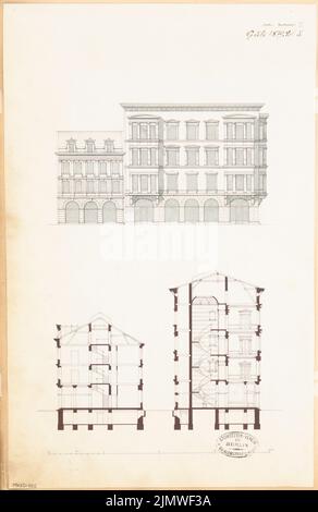 Architecte inconnu, immeuble résidentiel urbain. Compétition mensuelle en juillet 1879 (07,1879) : vue latérale du RISS, 2 sections; barre d'échelle. Tuche aquarelle sur la boîte, 44 x 28,6 cm (y compris les bords de numérisation) N.N. : Städtisches Wohnhaus. Monatskonkurrenz Juli 1879 Banque D'Images