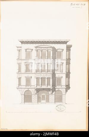 Architecte inconnu, immeuble résidentiel urbain. Compétition mensuelle en juillet 1879 (07,1879) : vue avant du RISS ; barre d'échelle. Tuche aquarelle sur la boîte, 44,5 x 30,3 cm (y compris les bords de numérisation) N.N. : Städtisches Wohnhaus. Monatskonkurrenz Juli 1879 Banque D'Images