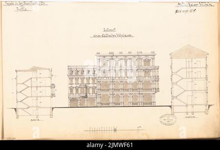 Architecte inconnu, immeuble résidentiel urbain. Compétition mensuelle en juillet 1879 (07,1879) : vue latérale du RISS, 2 sections; barre d'échelle. Aquarelle de l'encre et du crayon sur la boîte, 29 x 45,6 cm (y compris les bords de numérisation) N. : Städtisches Wohnhaus. Monatskonkurrenz Juli 1879 Banque D'Images