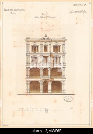 Architecte inconnu, immeuble résidentiel urbain. Compétition mensuelle en juillet 1879 (07,1879) : vue avant du RISS ; barre d'échelle. Encre et crayon aquarelle sur la boîte, 50,1 x 36,3 cm (y compris les bords de numérisation) N. : Städtisches Wohnhaus. Monatskonkurrenz Juli 1879 Banque D'Images