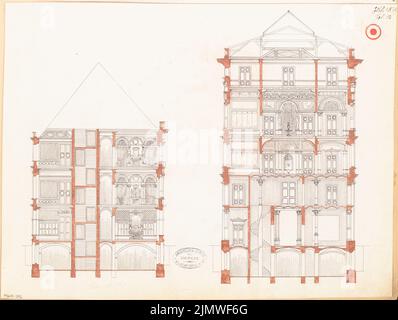 Architecte inconnu, immeuble résidentiel urbain. Compétition mensuelle juillet 1879 (07,1879): 2 sections; barre d'échelle. Tuche aquarelle sur la boîte, 33,8 x 44,9 cm (y compris les bords de numérisation) N.N. : Städtisches Wohnhaus. Monatskonkurrenz Juli 1879 Banque D'Images