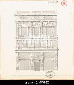 Architecte inconnu, immeuble résidentiel urbain. Compétition mensuelle en juillet 1879 (07,1879) : vue avant du RISS ; barre d'échelle. Tuche aquarelle sur la boîte, 29,2 x 26,8 cm (y compris les bords de numérisation) N.N. : Städtisches Wohnhaus. Monatskonkurrenz Juli 1879 Banque D'Images