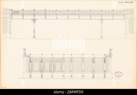 Architecte inconnu, forme architecturale des passages inférieurs du Stadtbahn de Berlin. (Deuxième compétition) Concours mensuel en juillet 1880 (07,1880) : vue latérale du pont, coupe transversale du RISS. Encre sur carton, 39,8 x 60,8 cm (y compris les bords de numérisation) N.N. : Architektonische Formgebung der Unterführungen der Berliner Stadtbahn. (Zweiter Wettbewerb) Monatskonkurrenz Juli 1880 Banque D'Images