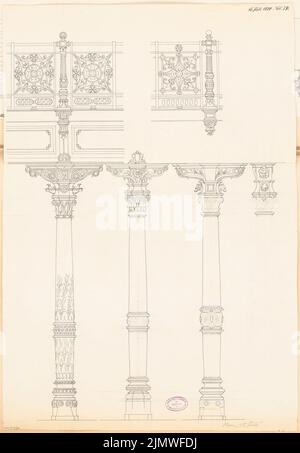 Architecte inconnu, forme architecturale des passages inférieurs du Stadtbahn de Berlin. (Deuxième concours) Concours mensuel juillet 1880 (07,1880): 3 variantes du pilier, 2 variantes de la rambarde. Encre sur carton, complétée par un crayon, 73,9 x 51,2 cm (y compris les bords de numérisation) N. : Architektonische Formgebung der Unterführungen der Berliner Stadtbahn. (Zweiter Wettbewerb) Monatskonkurrenz Juli 1880 Banque D'Images