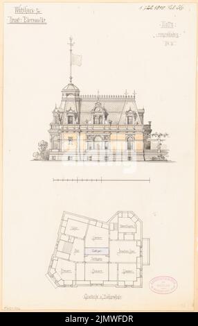 Architecte inconnu, immeuble résidentiel à Eberswalde. Compétition mensuelle juillet 1880 (07,1880): Plan d'étage grenier, vue sur la route; barre d'échelle. Tuche aquarelle sur la boîte, 41,6 x 26,4 cm (y compris les bords de numérisation) N.N. : Wohnhaus, Eberswalde. Monatskonkurrenz Juli 1880 Banque D'Images