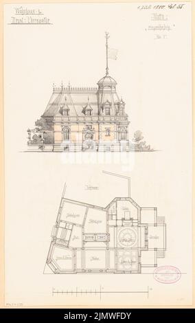 Architecte inconnu, immeuble résidentiel à Eberswalde. Compétition mensuelle du 1880 juillet (07,1880) : plan d'étage rez-de-chaussée, vue sur la route; barre d'échelle. Tuche aquarelle sur la boîte, 41,7 x 26,3 cm (y compris les bords de numérisation) N.N. : Wohnhaus, Eberswalde. Monatskonkurrenz Juli 1880 Banque D'Images