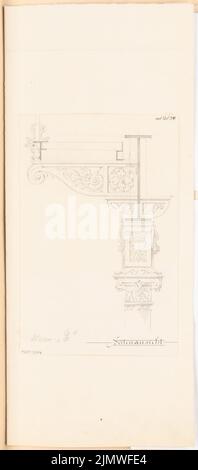 Architecte inconnu, forme architecturale des passages inférieurs du Stadtbahn de Berlin. Compétition mensuelle Mars 1880 (03,1880): RISS vue latérale de la tête de colonne, de la console et du sous-côté de la rambarde. Crayon sur carton, 53 x 23,3 cm (y compris les bords de numérisation) N. : Architektonische Formgebung der Unterführungen der Berliner Stadtbahn. Monatskonkurrenz März 1880 Banque D'Images