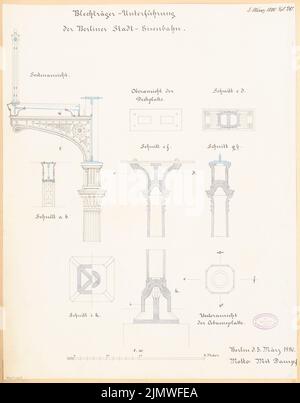 Architecte inconnu, forme architecturale des passages inférieurs du Stadtbahn de Berlin. Compétition mensuelle Mars 1880 (03,1880): Détails: Coupe verticale et coupes horizontales 1:10; barre d'échelle. Tuche aquarelle sur la boîte, 58,3 x 45,7 cm (y compris les bords de numérisation) N.N. : Architektonische Formgebung der Unterführungen der Berliner Stadtbahn. Monatskonkurrenz März 1880 Banque D'Images