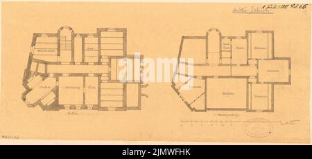 Architecte inconnu, immeuble résidentiel à Eberswalde. Compétition mensuelle juillet 1880 (07,1880): Plan d'étage sous-sol, grenier; barre d'échelle. Tuche aquarelle sur la boîte, 18 x 38,6 cm (y compris les bords de numérisation) N.N. : Wohnhaus, Eberswalde. Monatskonkurrenz Juli 1880 Banque D'Images