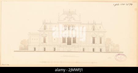 Architecte inconnu, immeuble résidentiel à Eberswalde. Compétition mensuelle en juillet 1880 (07,1880) : vue sur la rue Riß (vue d'angle) ; barre d'échelle. Aquarelle crayon sur la boîte, 21,3 x 43,7 cm (y compris les bords de numérisation) N. : Wohnhaus, Eberswalde. Monatskonkurrenz Juli 1880 Banque D'Images