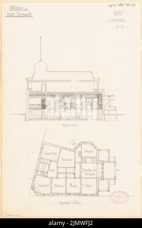 Architecte inconnu, immeuble résidentiel à Eberswalde. Compétition mensuelle juillet 1880 (07,1880): Grundliss Keller, section longitudinale. Tuche aquarelle sur la boîte, 41,7 x 27,1 cm (y compris les bords de numérisation) N.N. : Wohnhaus, Eberswalde. Monatskonkurrenz Juli 1880 Banque D'Images