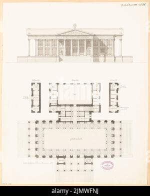 Architecte inconnu, salle du mémorial. Compétition mensuelle du 1881 février (02,1881) : plan d'étage, rez-de-chaussée, rez-de-chaussée, vue sur la face avant de l'agitation, bar à échelle. Tuche aquarelle sur la boîte, 53,9 x 43,5 cm (y compris les bords de numérisation) N.N. : Gedächtnishalle. Monatskonkurrenz février 1881 Banque D'Images