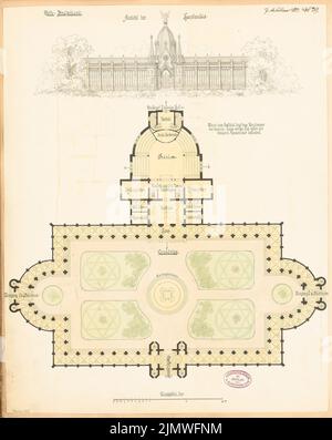 Architecte inconnu, salle du mémorial. Compétition mensuelle février 1881 (02,1881): Plan d'étage rez-de-chaussée, vue avant tort 1: 200; barre d'échelle. Tuche aquarelle sur la boîte, 57,2 x 45,5 cm (y compris les bords de numérisation) N.N. : Gedächtnishalle. Monatskonkurrenz février 1881 Banque D'Images