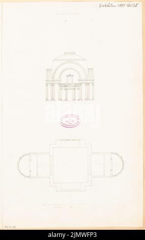 Architecte inconnu, salle du mémorial. Compétition mensuelle du 1881 février (02,1881) : plan d'étage de l'étage supérieur, section transversale; barre d'échelle. Encre sur carton, complétée par un crayon, 41,6 x 26,2 cm (y compris les bords de numérisation) N. : Gedächtnishalle. Monatskonkurrenz février 1881 Banque D'Images