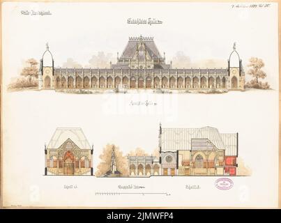 Architecte inconnu, salle du mémorial. Compétition mensuelle du 1881 février (02,1881) : vue du Hof supérieur, section longitudinale et section transversale de la salle de bal 1 : 200 ; échelle. Tuche aquarelle sur la boîte, 43,2 x 57,9 cm (y compris les bords de numérisation) N.N. : Gedächtnishalle. Monatskonkurrenz février 1881 Banque D'Images