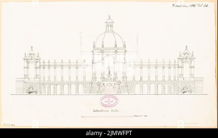 Architecte inconnu, salle du mémorial. Compétition mensuelle février 1881 (02,1881) : vue avant du RISS 1 : 200 ; barre d'échelle. Encre sur carton, 25,9 x 43,8 cm (y compris les bords de numérisation) N.N. : Gedächtnishalle. Monatskonkurrenz février 1881 Banque D'Images