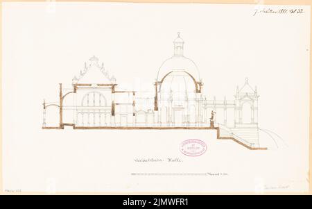 Architecte inconnu, salle du mémorial. Compétition mensuelle février 1881 (02,1881): Section longitudinale 1: 200; barre d'échelle. Tuche aquarelle sur la boîte, 27,2 x 43,6 cm (y compris les bords de numérisation) N.N. : Gedächtnishalle. Monatskonkurrenz février 1881 Banque D'Images