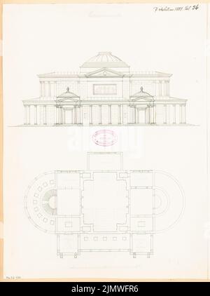 Architecte inconnu, salle du mémorial. Compétition mensuelle du 1881 février (02,1881) : plan d'étage rez-de-chaussée, vue avant de la jupe; barre d'échelle. Encre sur carton, complétée par un crayon, 41,8 x 31,2 cm (y compris les bords de numérisation) N. : Gedächtnishalle. Monatskonkurrenz février 1881 Banque D'Images