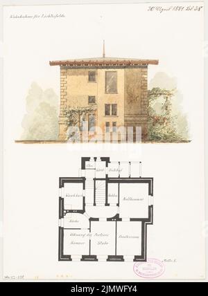 Architecte inconnu, immeuble résidentiel rural à Berlin-Lichterfelde. Compétition mensuelle avril 1881 (04,1881): Grundliss Keller, vue sur le jardin supérieur. Tuche aquarelle sur la boîte, 34 x 25 cm (y compris les bords de numérisation) N.N. : Ländliches Wohnhaus, Berlin-Lichterfelde. Monatskonkurrenz avril 1881 Banque D'Images