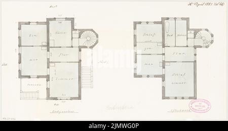 Architecte inconnu, immeuble résidentiel rural à Berlin-Lichterfelde. Compétition mensuelle du 1881 avril (04,1881) : plan d'étage rez-de-chaussée, étage supérieur. Tuche aquarelle sur la boîte, 21 x 39,3 cm (y compris les bords de numérisation) N.N. : Ländliches Wohnhaus, Berlin-Lichterfelde. Monatskonkurrenz avril 1881 Banque D'Images