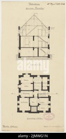 Architecte inconnu, immeuble résidentiel rural à Berlin-Lichterfelde. Compétition mensuelle avril 1881 (04,1881): Grundliss Keller, section transversale; barre d'échelle. Encre sur carton, 42,8 x 21,3 cm (y compris les bords de numérisation) N.N. : Ländliches Wohnhaus, Berlin-Lichterfelde. Monatskonkurrenz avril 1881 Banque D'Images