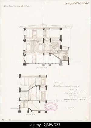 Architecte inconnu, immeuble résidentiel rural à Berlin-Lichterfelde. Compétition mensuelle avril 1881 (04,1881): 2 sections; surpression des coûts. Tuche aquarelle sur la boîte, 33,3 x 24,8 cm (y compris les bords de numérisation) N.N. : Ländliches Wohnhaus, Berlin-Lichterfelde. Monatskonkurrenz avril 1881 Banque D'Images