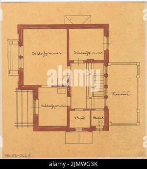 Architecte inconnu, immeuble résidentiel rural à Berlin-Lichterfelde. Compétition mensuelle du 1881 avril (04,1881) : plan d'étage de l'étage supérieur. Tuche aquarelle sur transparent, 17 x 15,6 cm (y compris les bords du balayage) N. : Ländliches Wohnhaus, Berlin-Lichterfelde. Monatskonkurrenz avril 1881 Banque D'Images