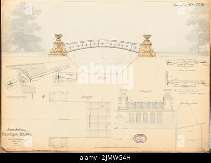 Architecte inconnu, pont piétonnier en fer forgé dans le Tiergarten de Berlin. Compétition mensuelle novembre 1881 (11,1881): RISS vue latérale et en sections: Plan d'étage et section longitudinale 1:50; différentes coupes transversales 1:50, 1:10; Détails; barre d'échelle. Tuche aquarelle sur la boîte, 43,1 x 59,5 cm (y compris les bords de numérisation) N.N. : Schmiedeeiserne Fußgängerbrücke im Berliner Tiergarten. Monatskonkurrenz novembre 1881 Banque D'Images