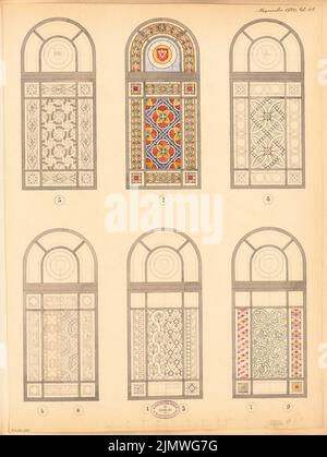 Architecte inconnu, fenêtre pour la maison de l'association d'architectes à Berlin. Concours mensuel décembre 1880 (concours 1st) (12,1880): 6 vues. Tuche aquarelle sur la boîte, 57,6 x 43,3 cm (y compris les bords de numérisation) N.N. : Fenster für das Haus des Architekten-Vereins zu Berlin. Monatskonkurrenz Dezember 1880 (1. Wettbewerb) Banque D'Images