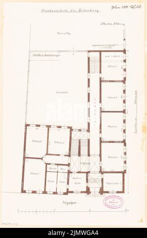 Architecte inconnu, école de garçons à Eilenburg. Compétition mensuelle du 1881 juin (06,1881) : plan d'étage au rez-de-chaussée; barre d'échelle. Tuche aquarelle sur la boîte, 42,1 x 27,2 cm (y compris les bords de numérisation) N.N. : Knabenschule, Eilenburg. Monatskonkurrenz Juni 1881 Banque D'Images