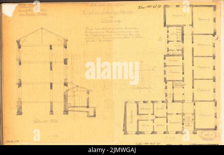 Architecte inconnu, école de garçons à Eilenburg. Compétition mensuelle juin 1881 (06,1881): Plan d'étage rez-de-chaussée 1: 150, section transversale 1: 100; texte d'explication. Tuche aquarelle sur transparent, 30,2 x 46,4 cm (y compris les bords du balayage) N. : Knabenschule, Eilenburg. Monatskonkurrenz Juni 1881 Banque D'Images